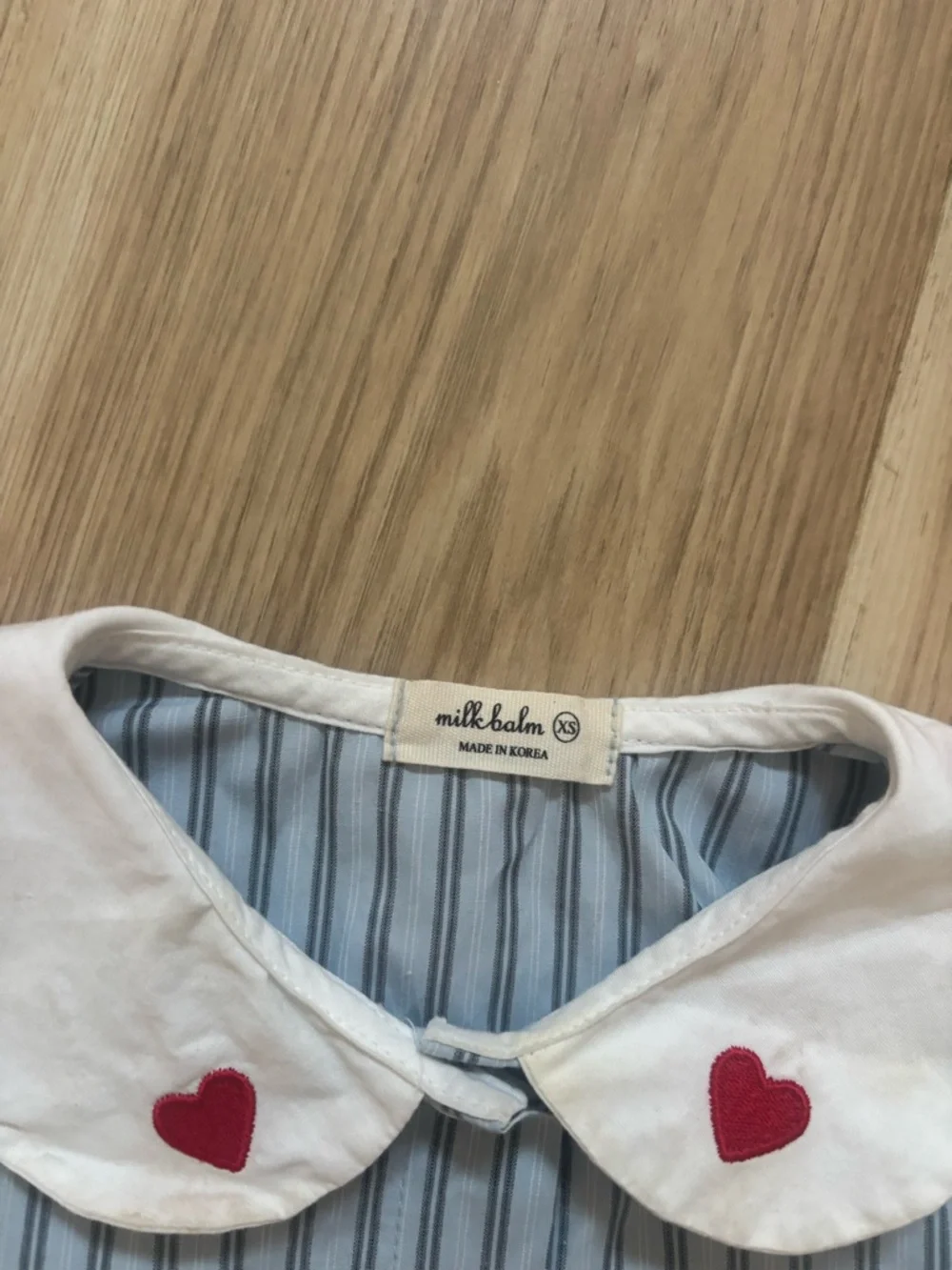 Milkbarn Light Blue Striped Button-Down Shirt with White Collar and Red Hearts - Picture 2 of 2